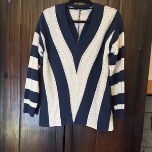 Navy and White Striped V-Neck Sweater